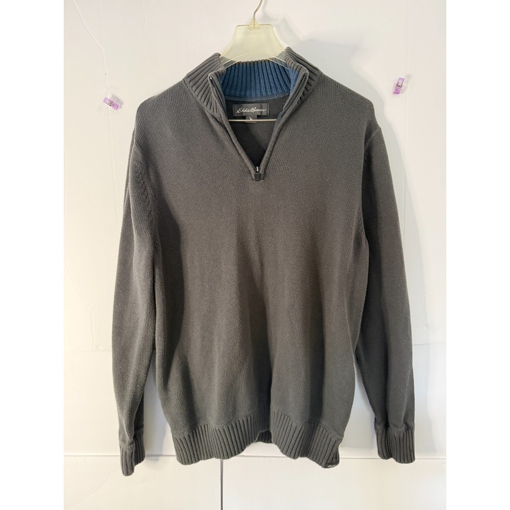 Eddie Bauer Mens Quarter Zip Sweater Charcoal Grey 100% Cotton Mock Neck Med